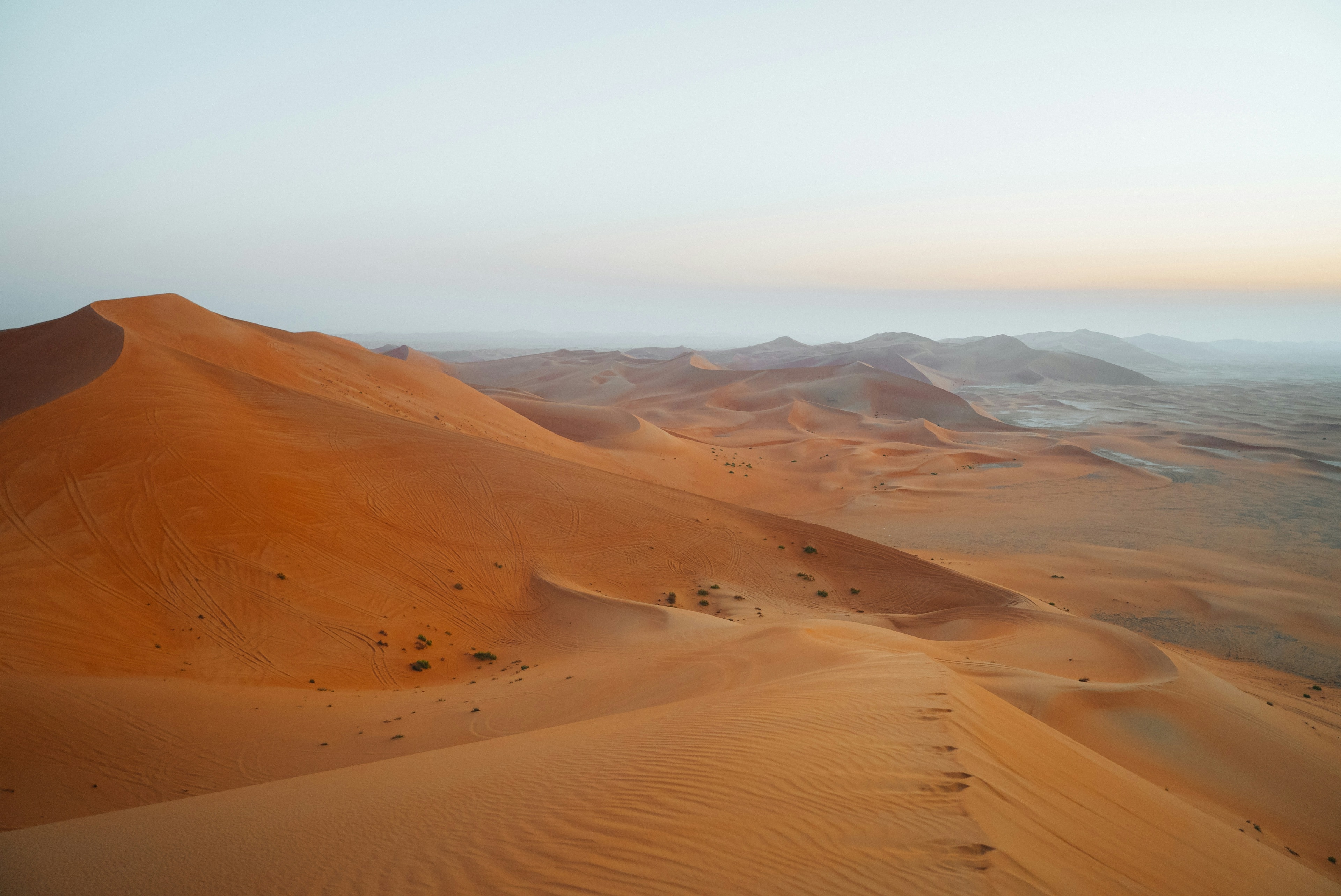 Sand dunes in the Empty Quarter stretching to a hazy horizon at dawn